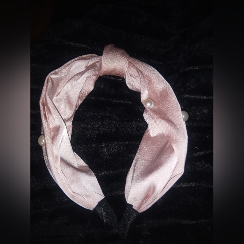 Blush Pink Satin Knotted Headband with Faux Pearls | Wide